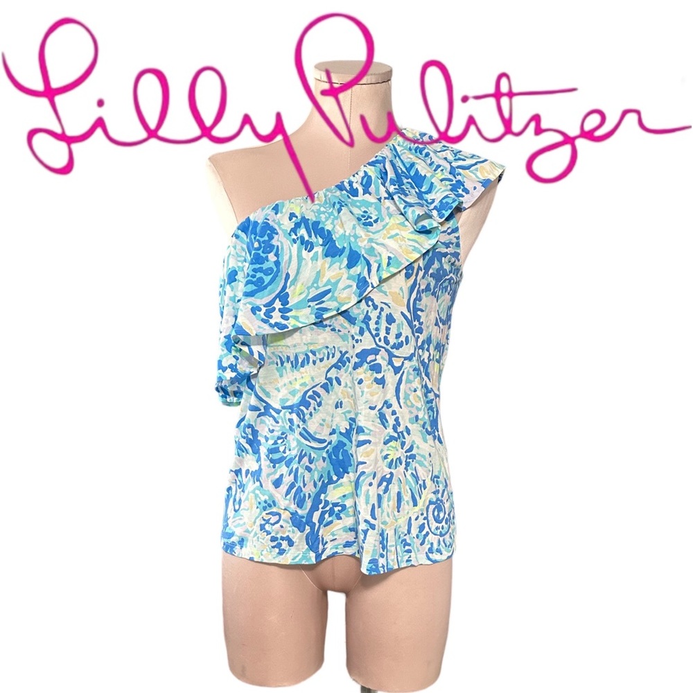 Lilly Pulitzer one shoulder top in XS. Absolutely gorgeous. Ruffled top. Blue
